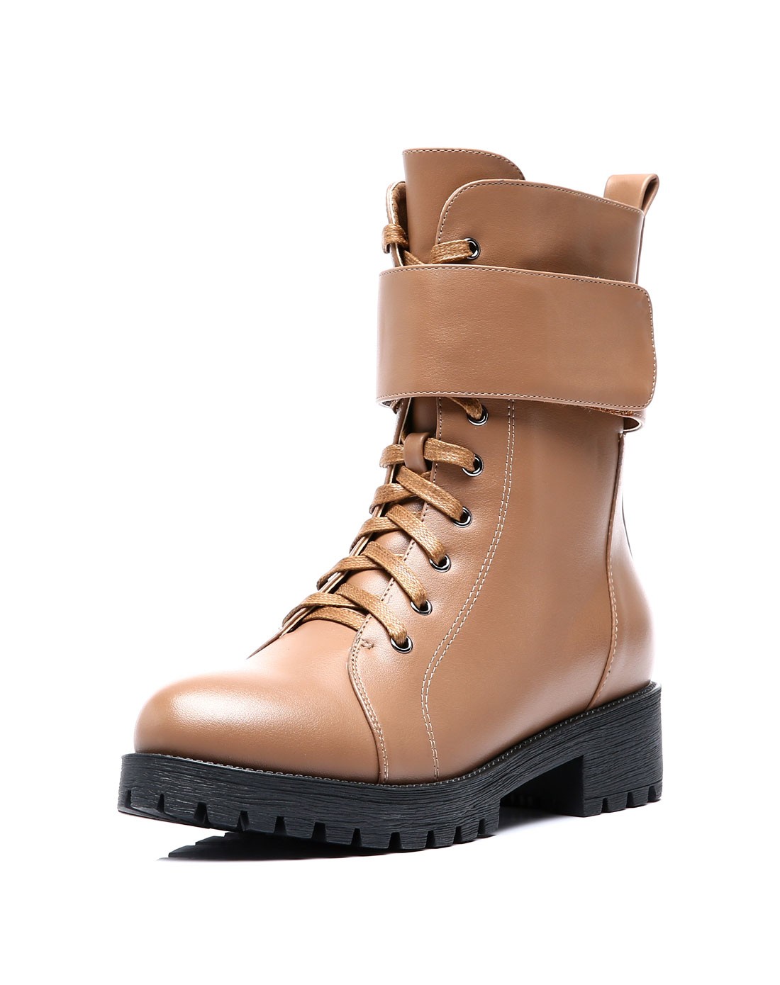 驼色休闲系带方跟短筒马丁靴