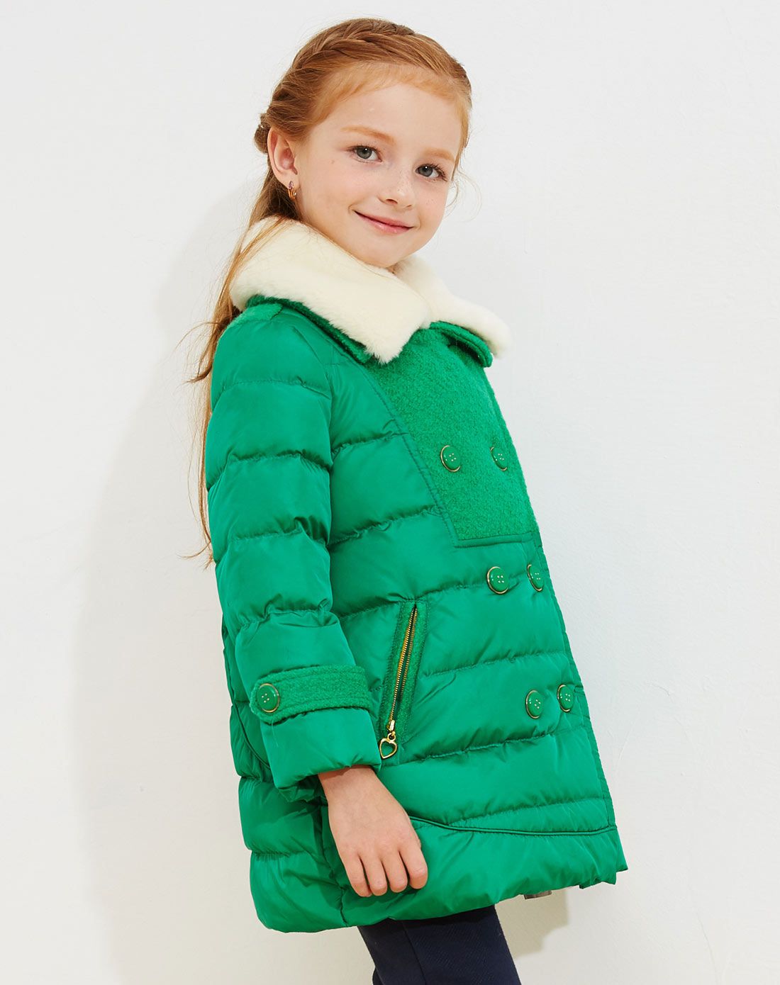 未来之星旗下品牌童装反季专场女童绿色毛呢拼接羽绒服wg549254w633