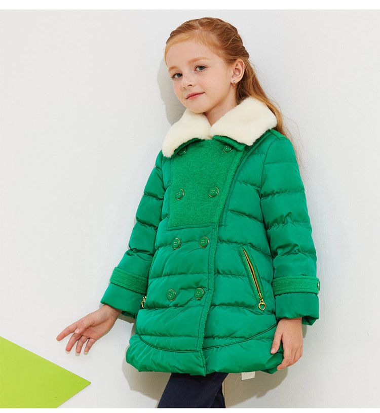 未来之星旗下品牌童装反季专场女童绿色毛呢拼接羽绒服wg549254w633