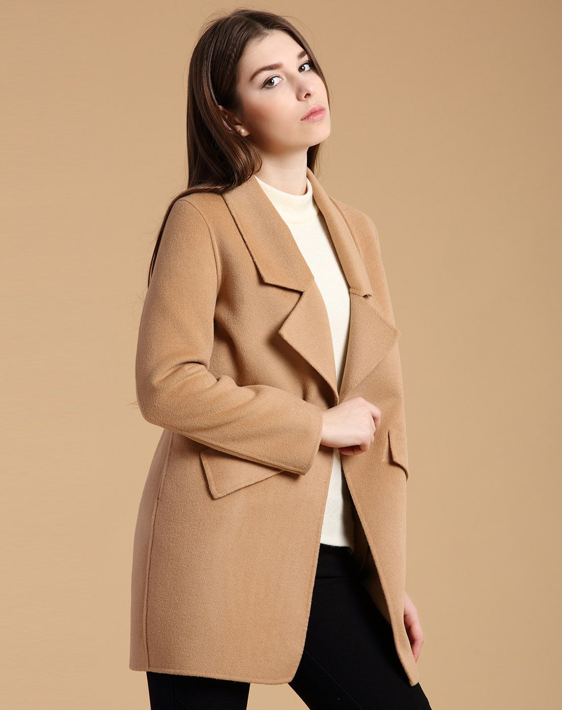 女款沙漠色时尚茧形双面呢外套