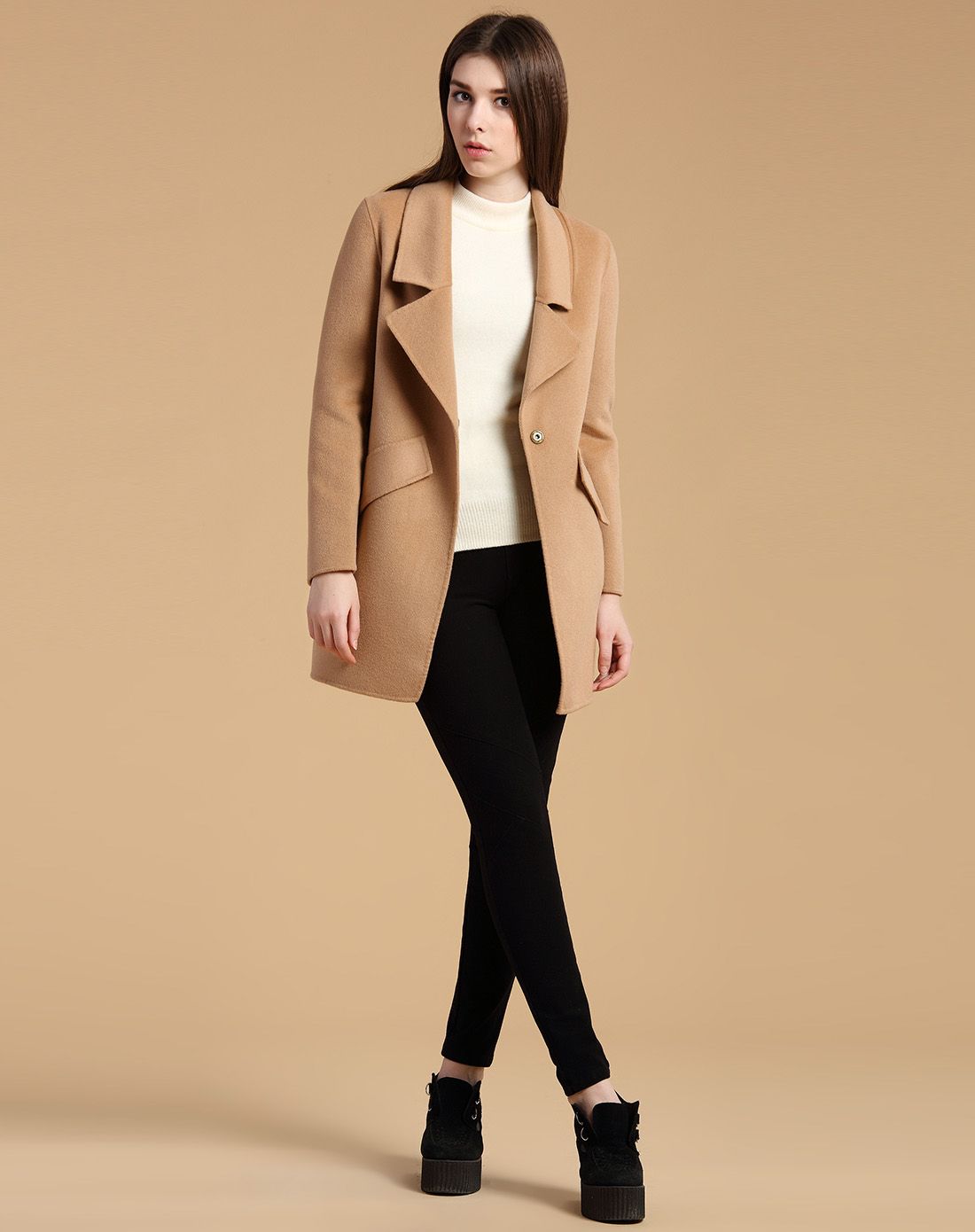 女款沙漠色时尚茧形双面呢外套