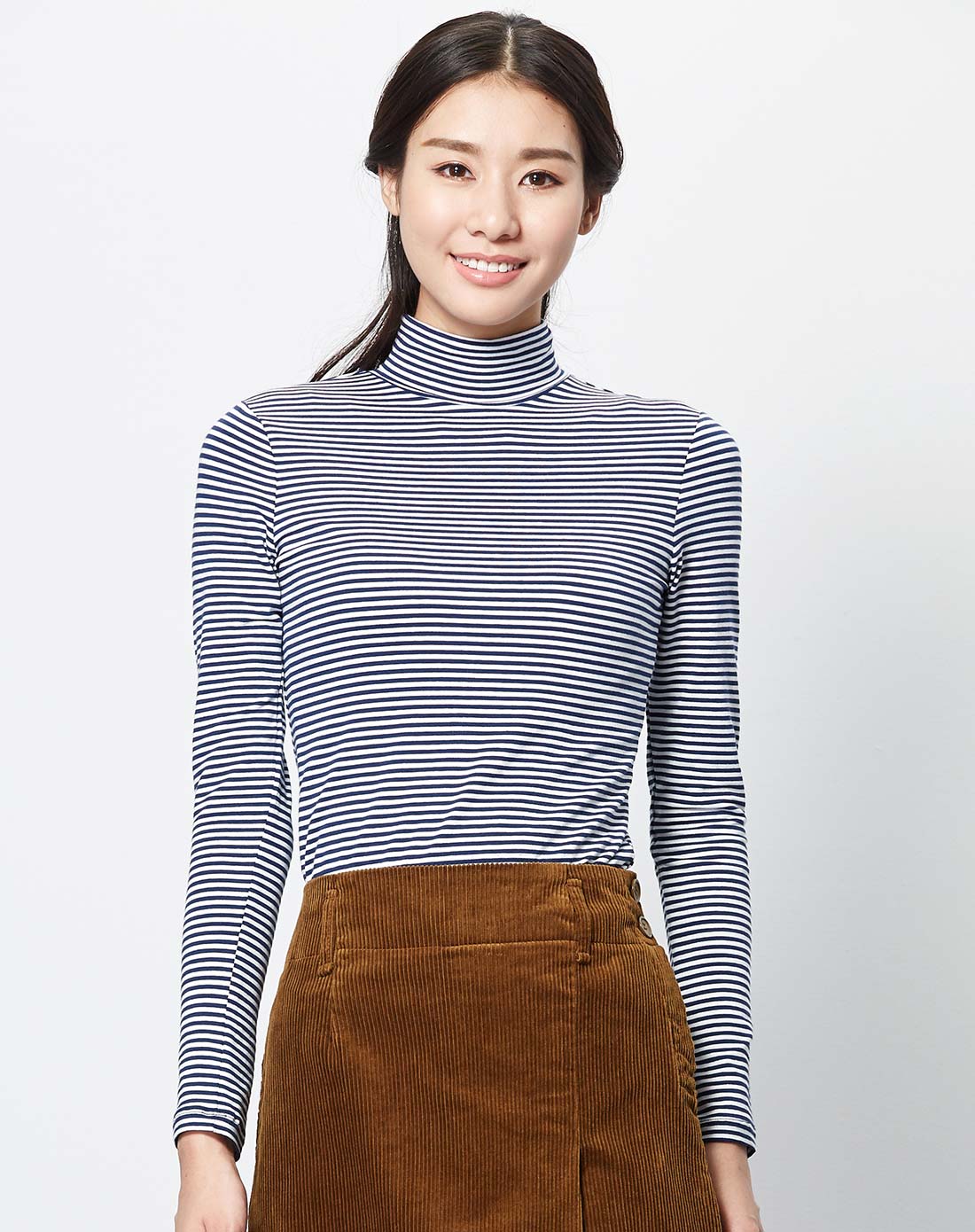 横条纹弹力高领t恤