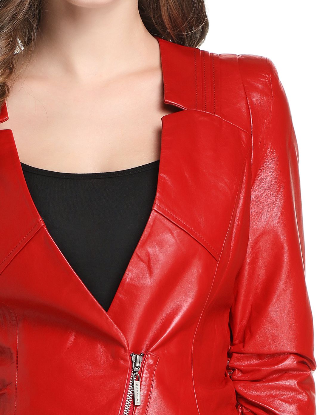 红色个性紧身短款皮衣