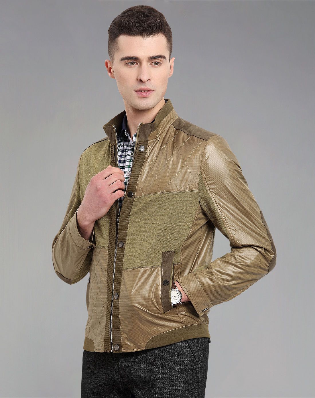 绿褐色商务立领时尚休闲单夹克