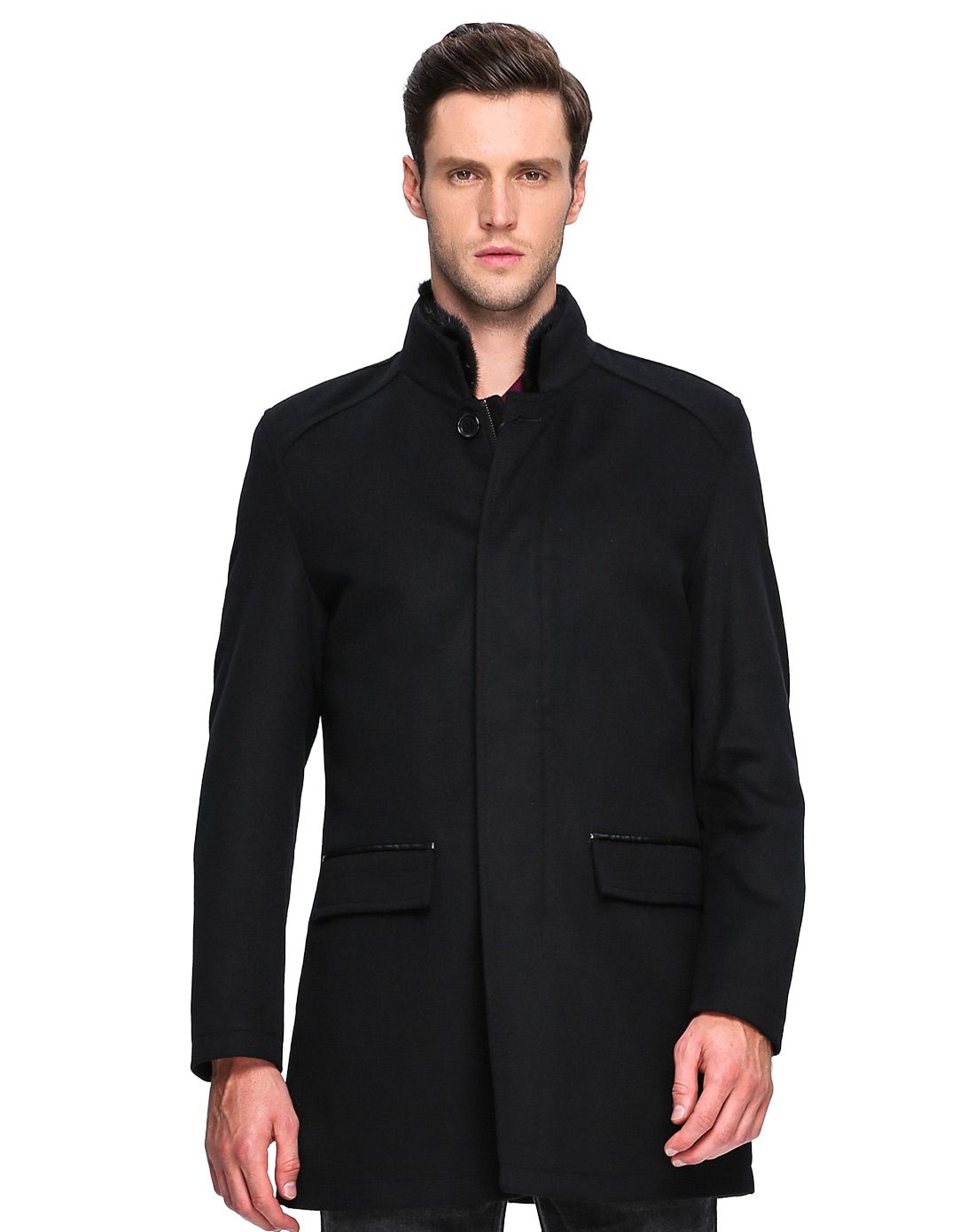 男士黑色可拆水貂领奢华羊绒大衣