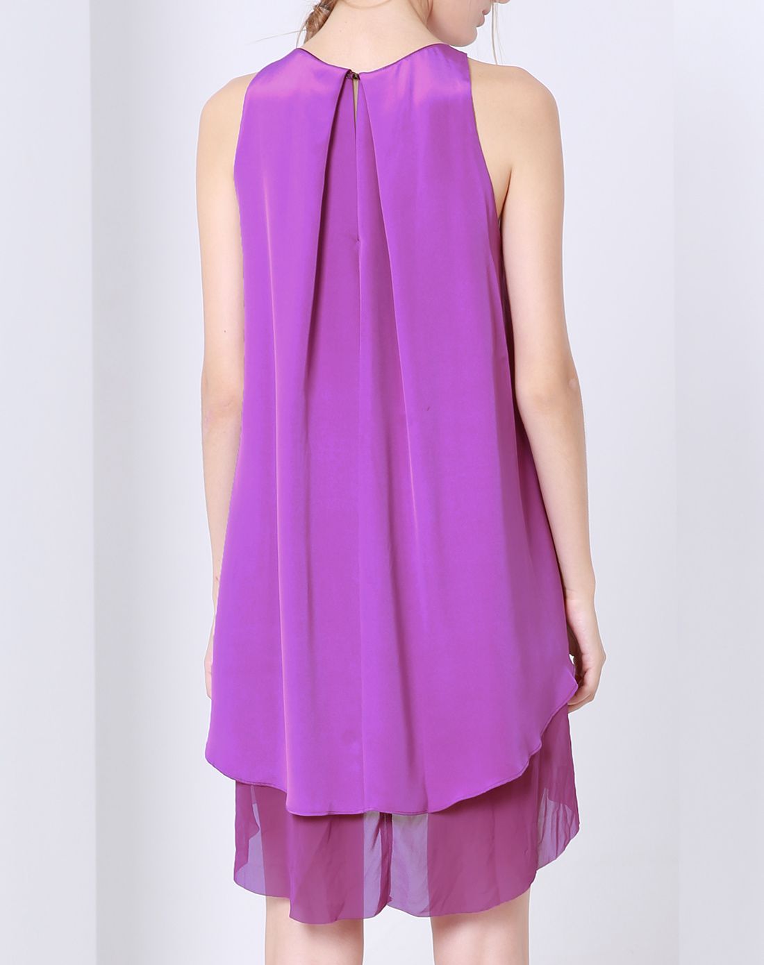 亮紫色真丝拼接无袖连衣裙