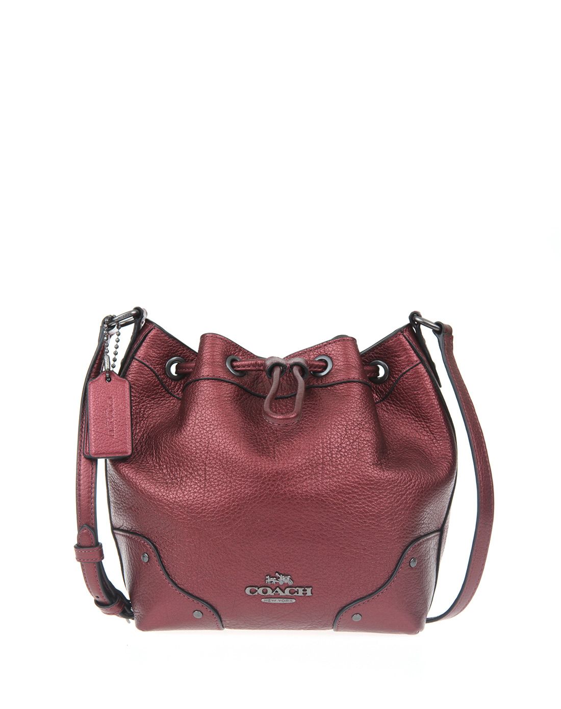 coach女士金属红色纯皮抽带小号水桶包