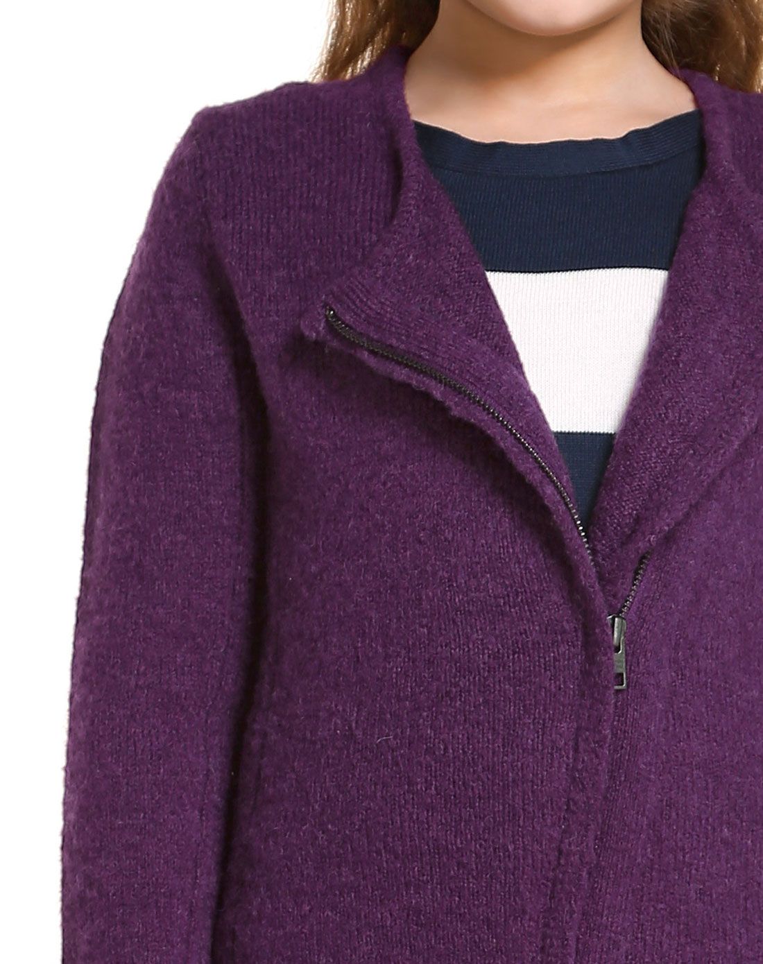 女童款深紫色摩登斜开襟长袖针织外套