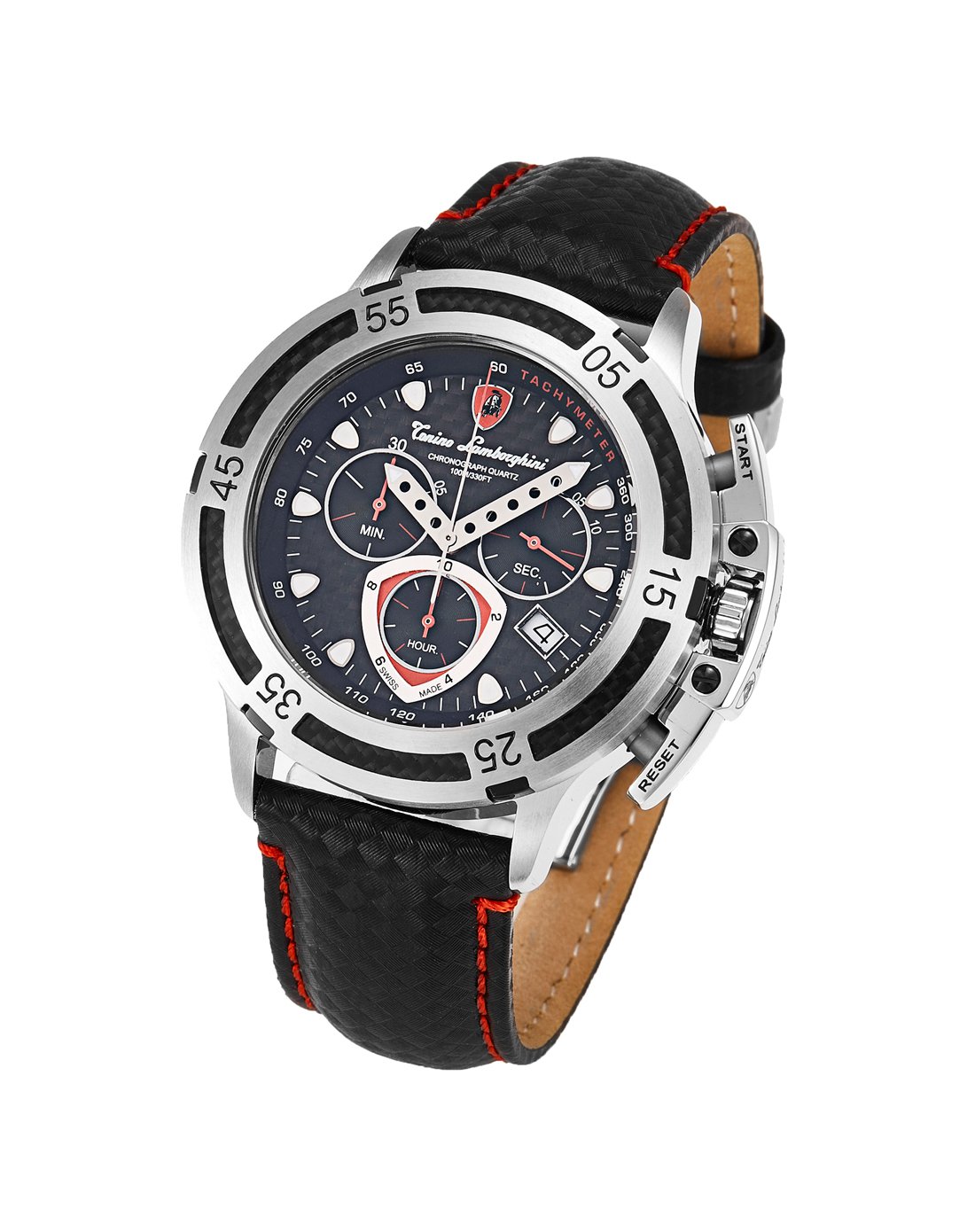 兰博基尼手表 引领独一无二的品味 兰博基尼男款黑/银色皮带计时三眼