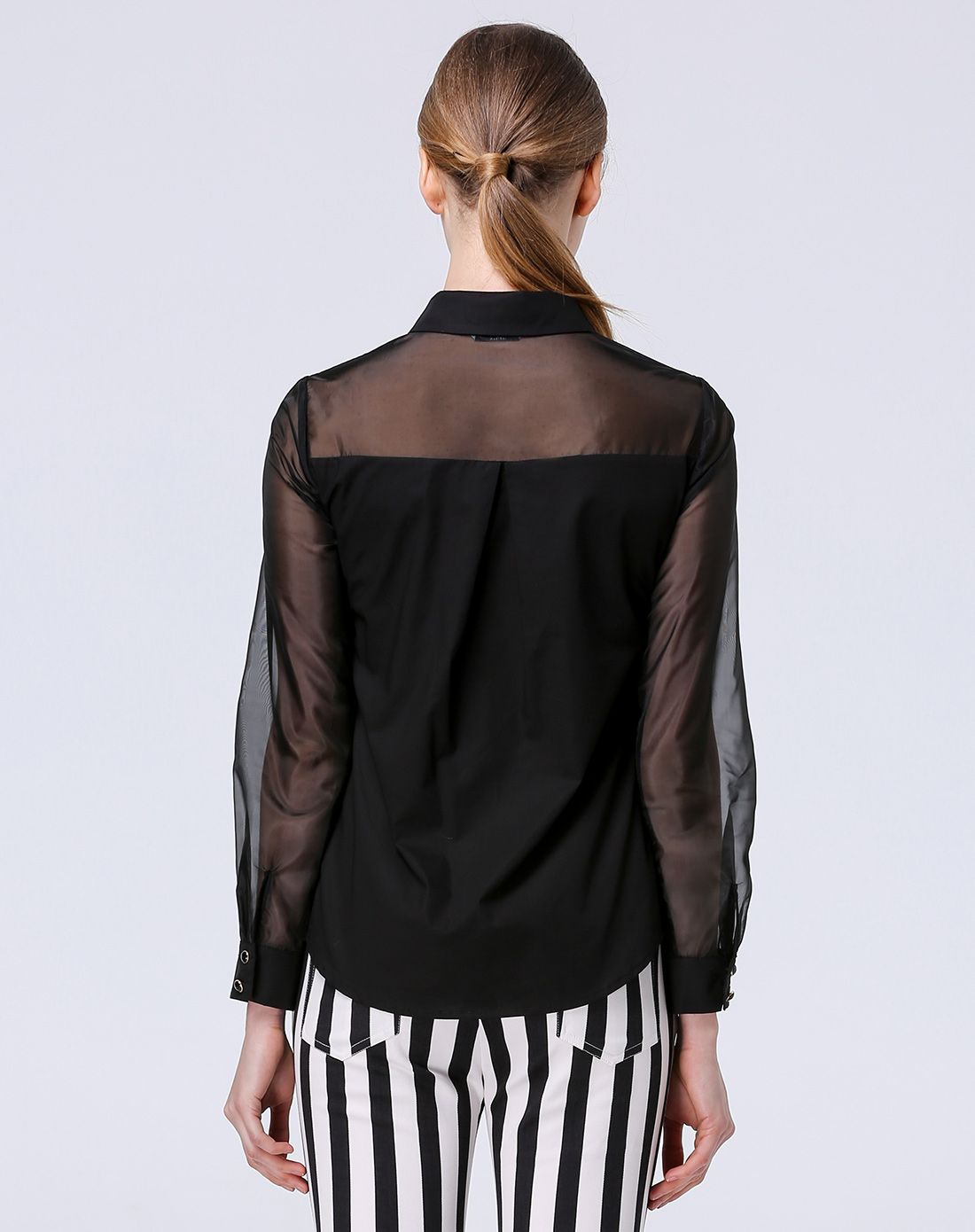 黑色欧根纱拼接翻领全棉衬衫