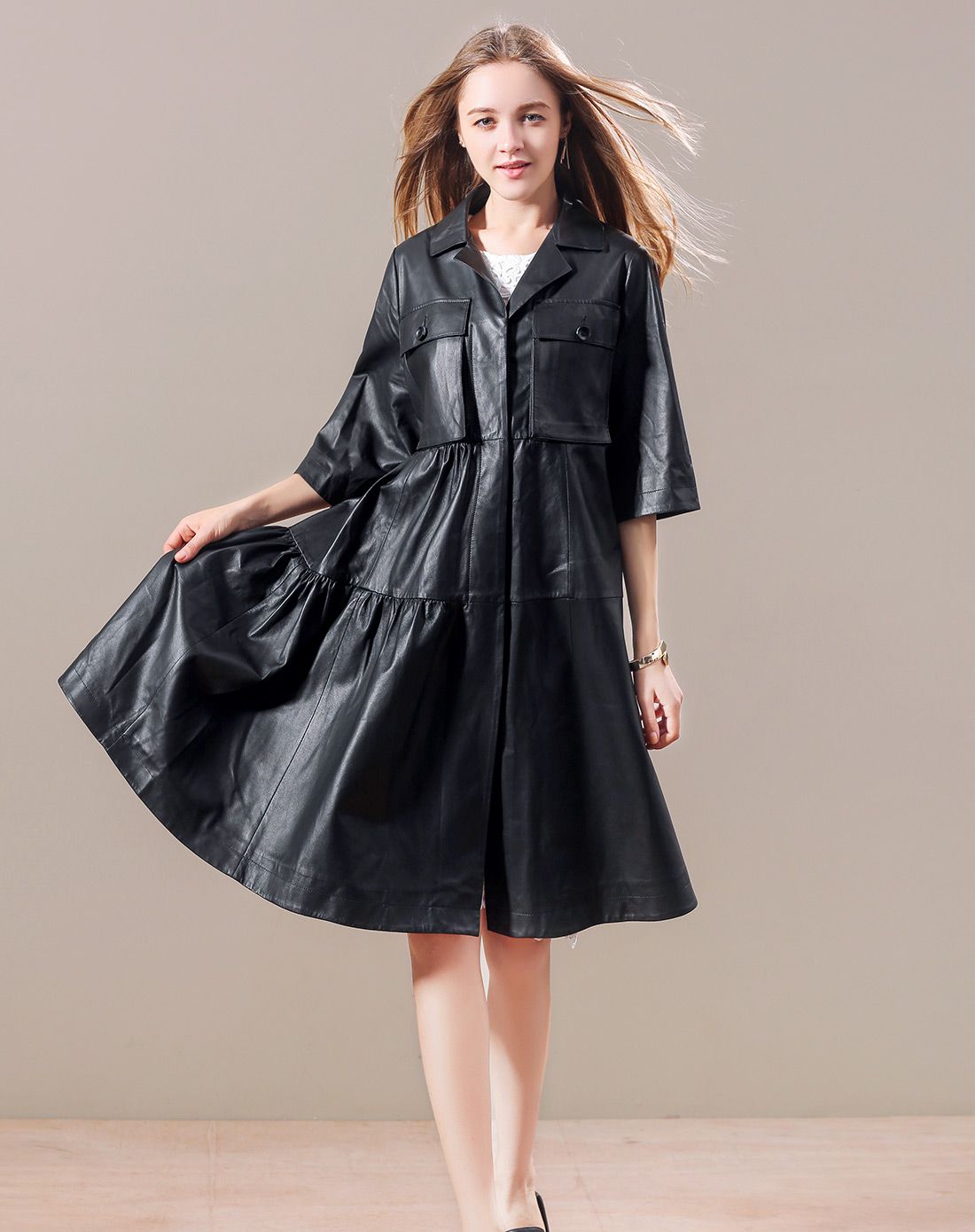 欧版系带七分袖长款连衣皮裙