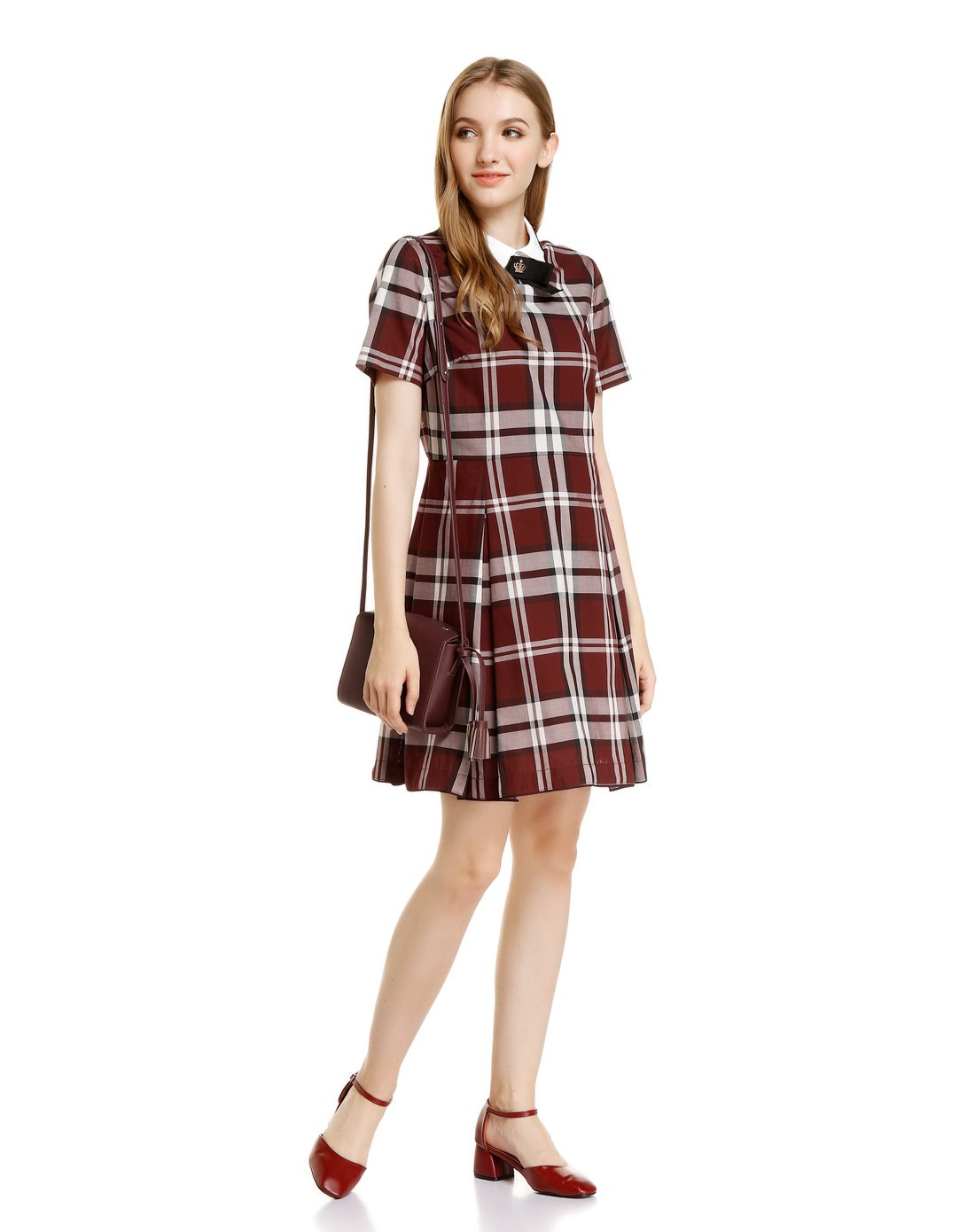 land经典格子百搭短袖连衣裙eeow73751m29_唯品会