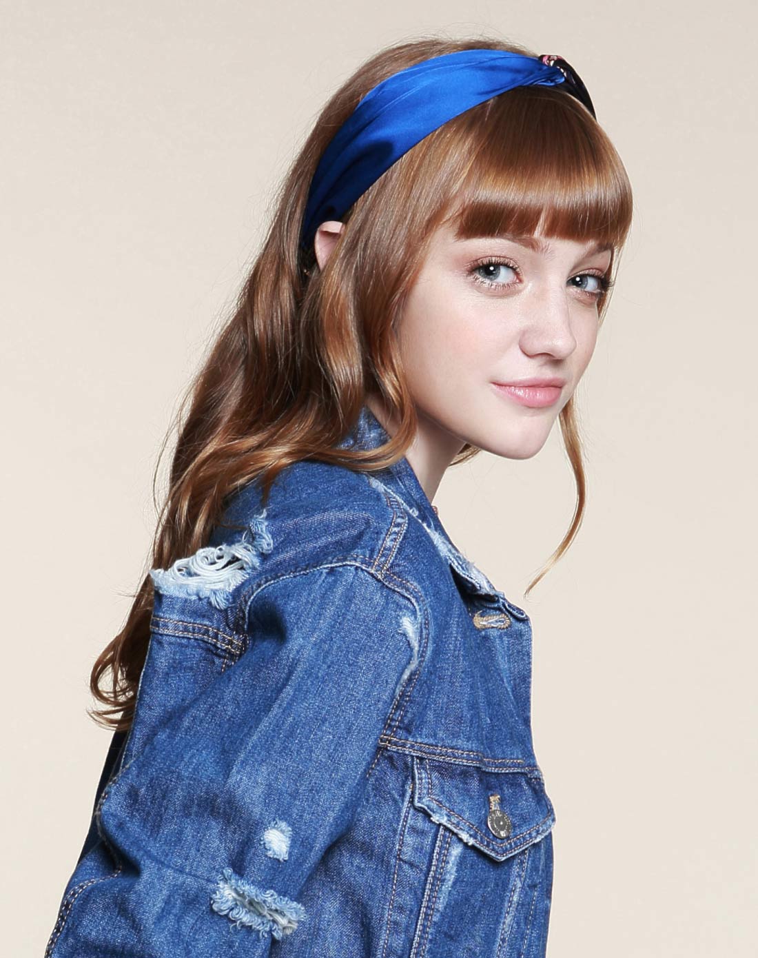 蓝色撞色印花交叉款发带