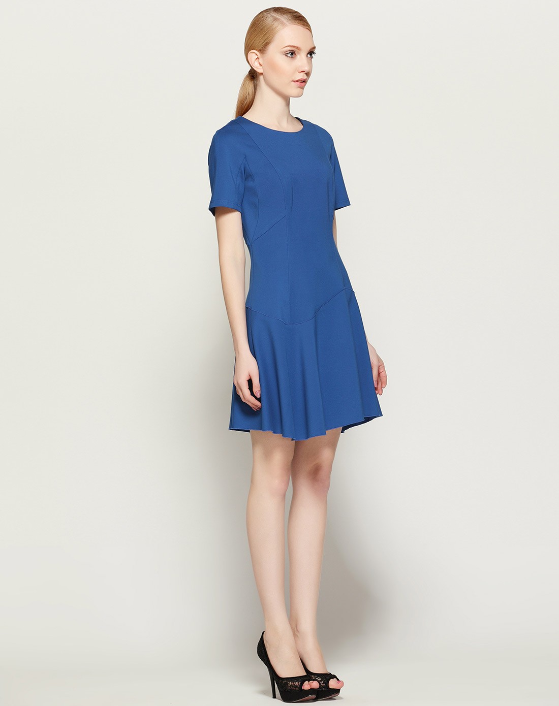群青色时尚白领气质短袖连衣裙