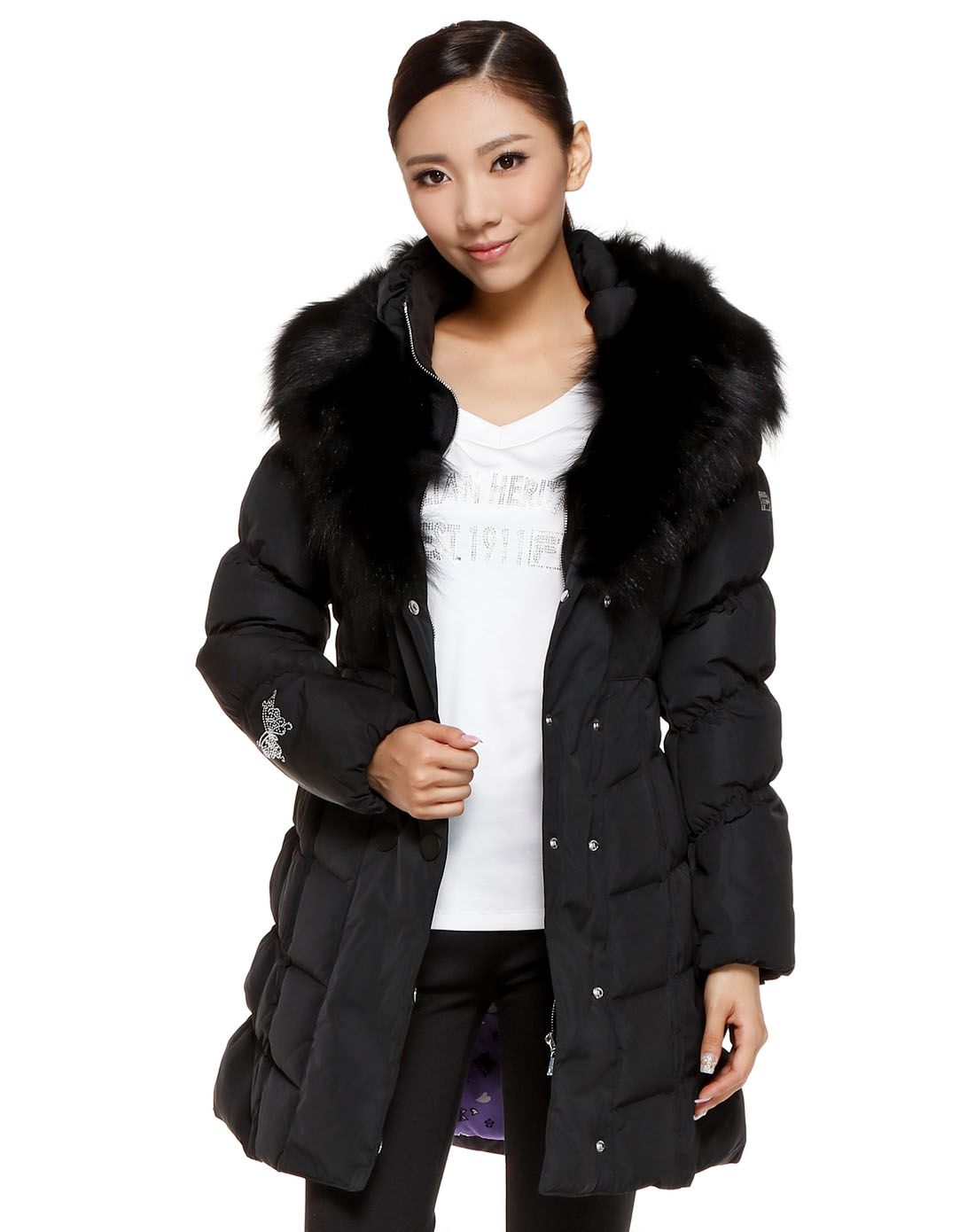 保暖防风 女款炭黑色羽绒服 长袖连帽