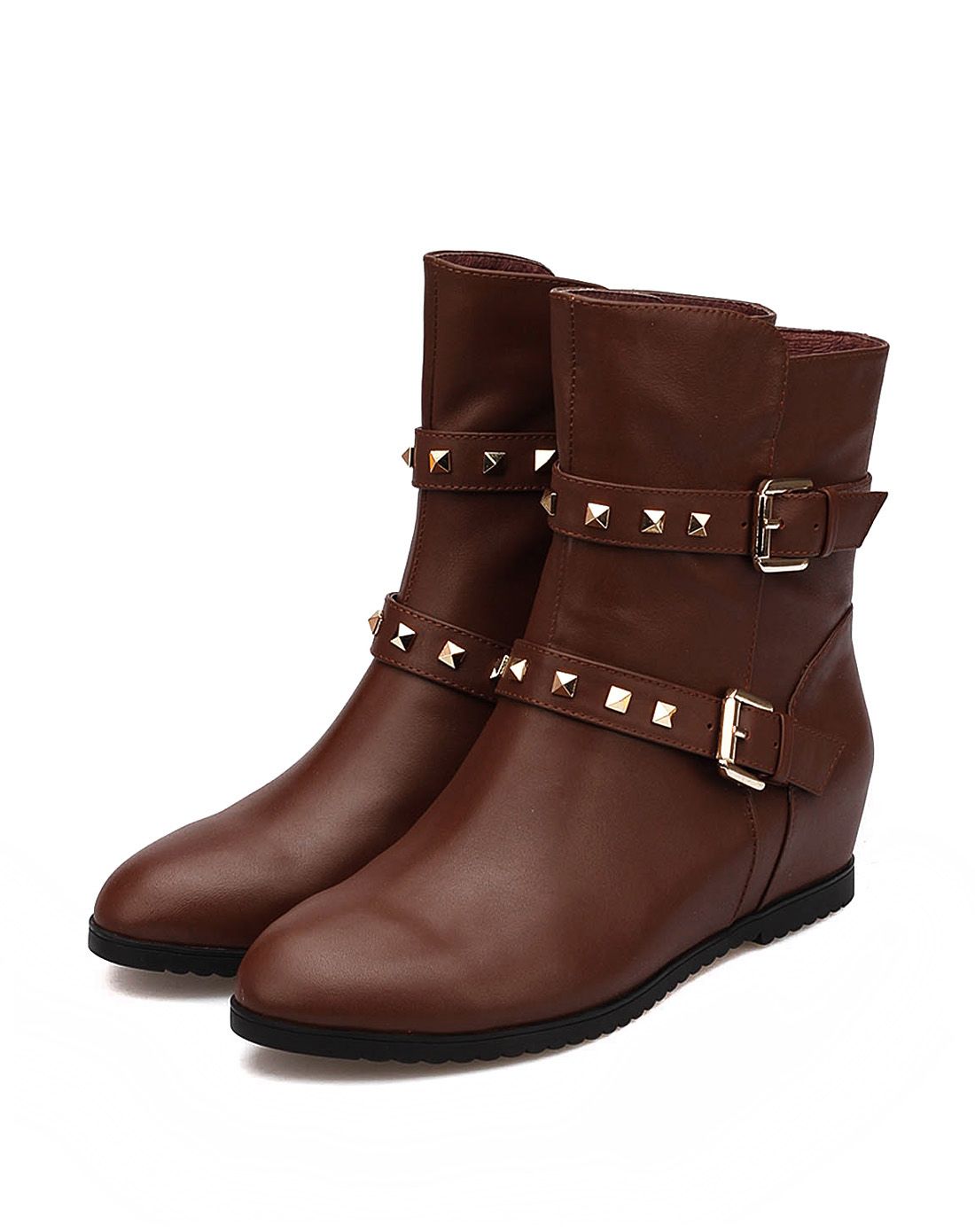 棕色优质头层牛皮时尚铆钉装饰女士中靴