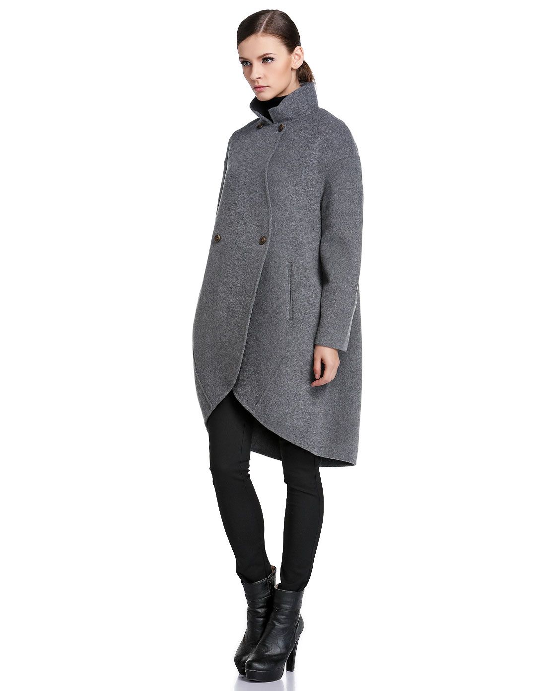 灰色摩登个性长袖长款羊毛大衣