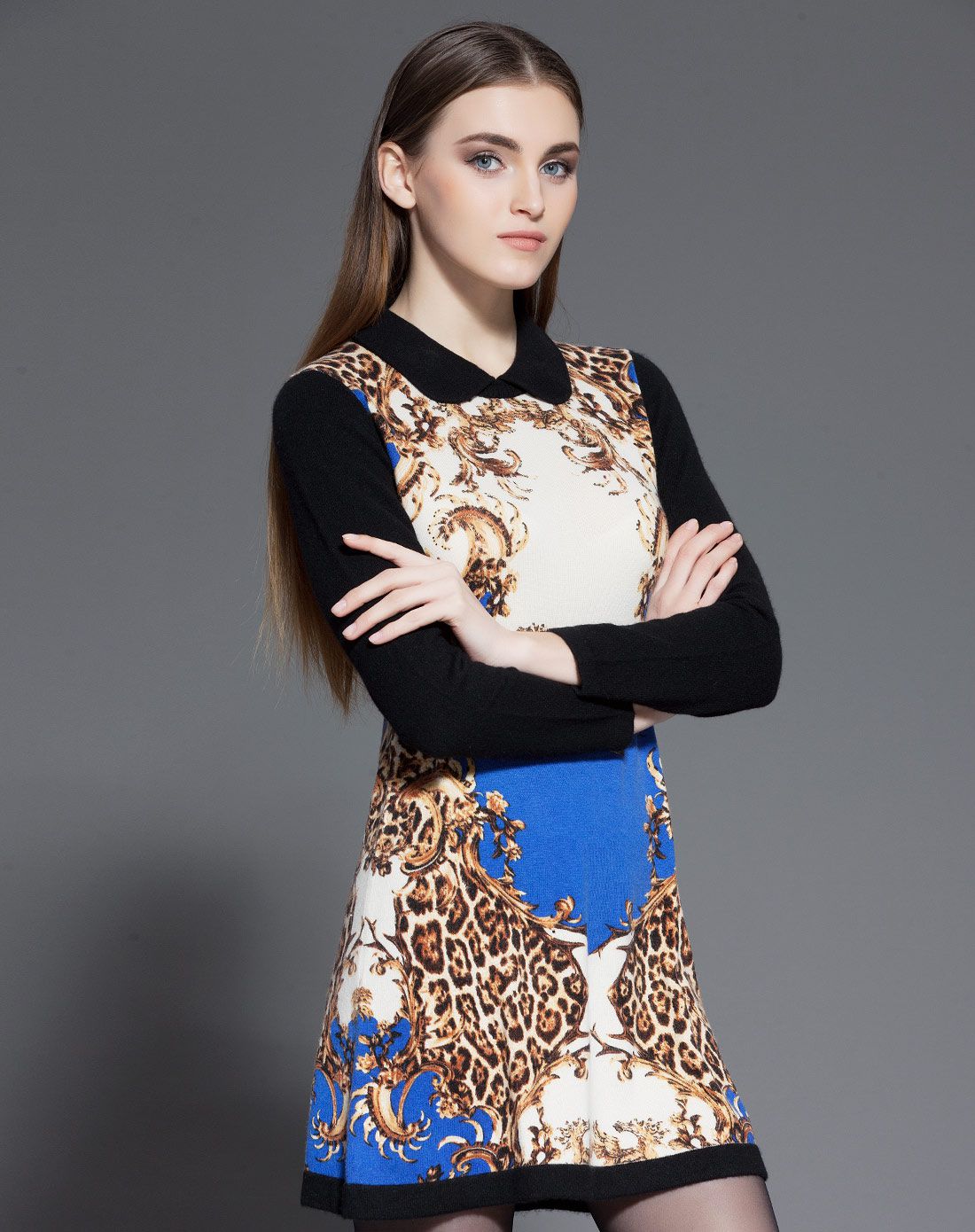 帕罗paluopo羊绒女装反季专场女士兰色巴洛克印花女裙82dl152a1-899 l