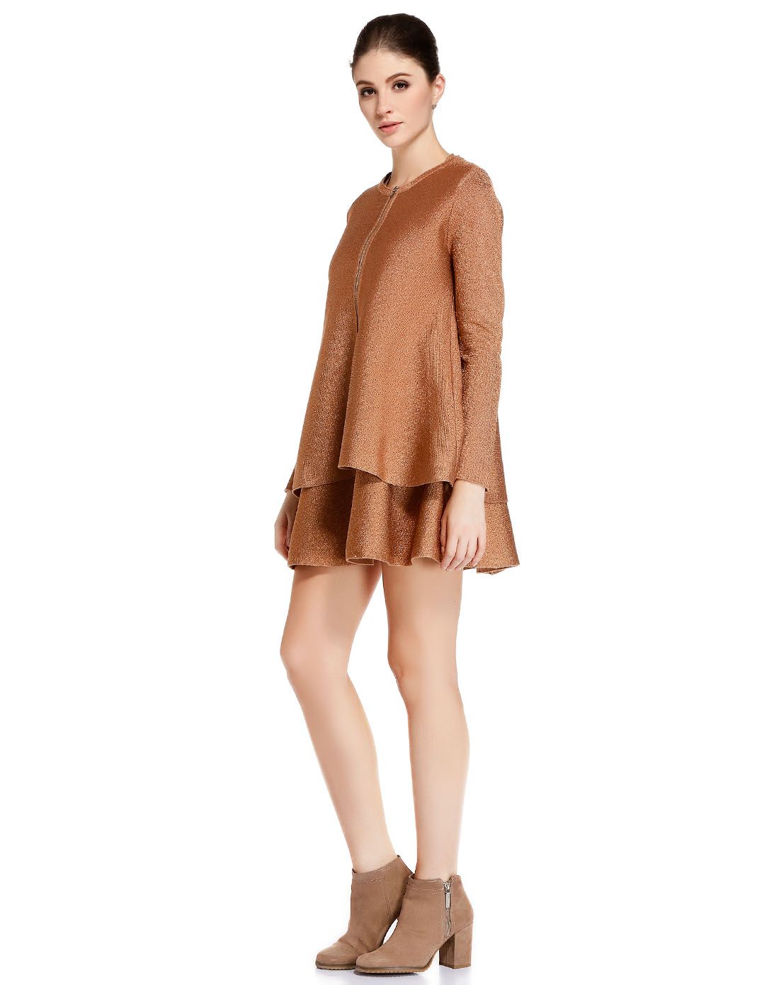 金橙色舒适亮丽拉链开襟长袖针织衫