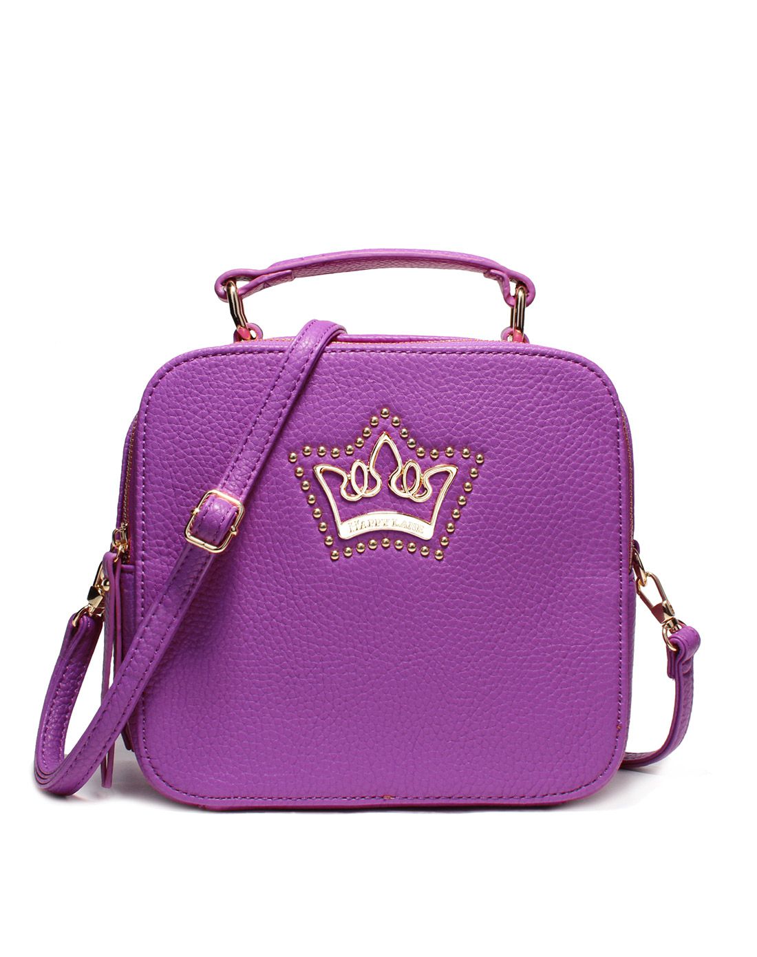 happylane紫色皇冠铆钉时尚手提方包