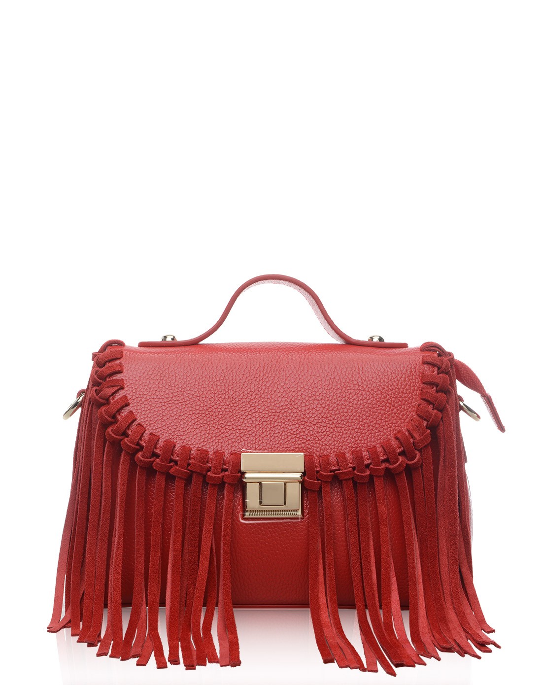 女士艳红色时尚牛皮流苏手提包