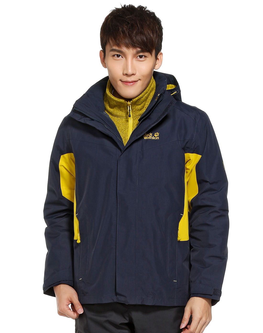 狼爪jackwolfskin户外三合一 男款宝蓝配黄色长袖冲锋衣 时尚连帽