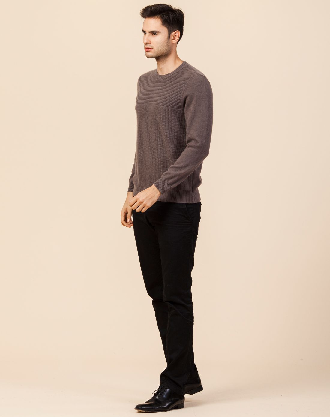 男摩卡棕100%山羊绒圆领男套衫