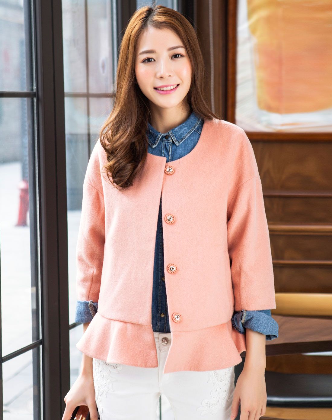 女士粉色宽松落肩袖纯色百搭短外套