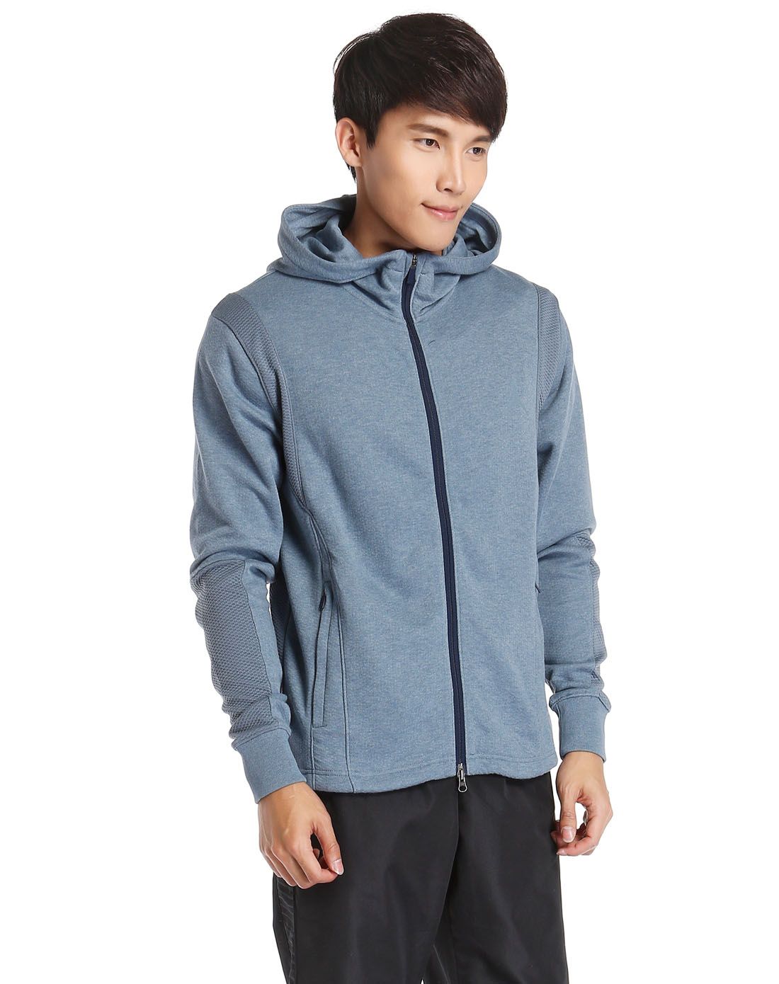 轻柔质感 男款蓝灰色外套 长袖连帽