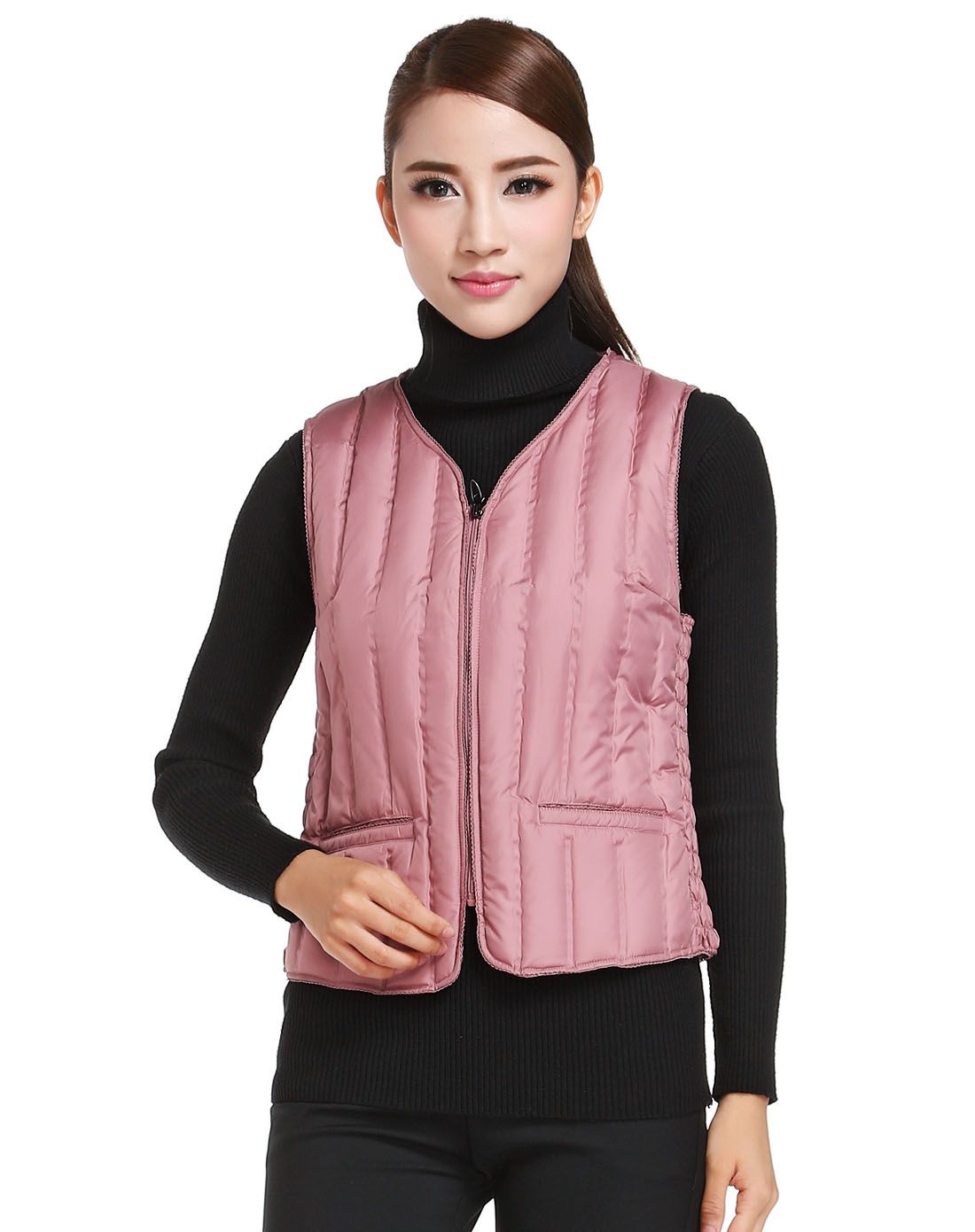 波司登女款藕粉红色轻薄拉链羽绒背心