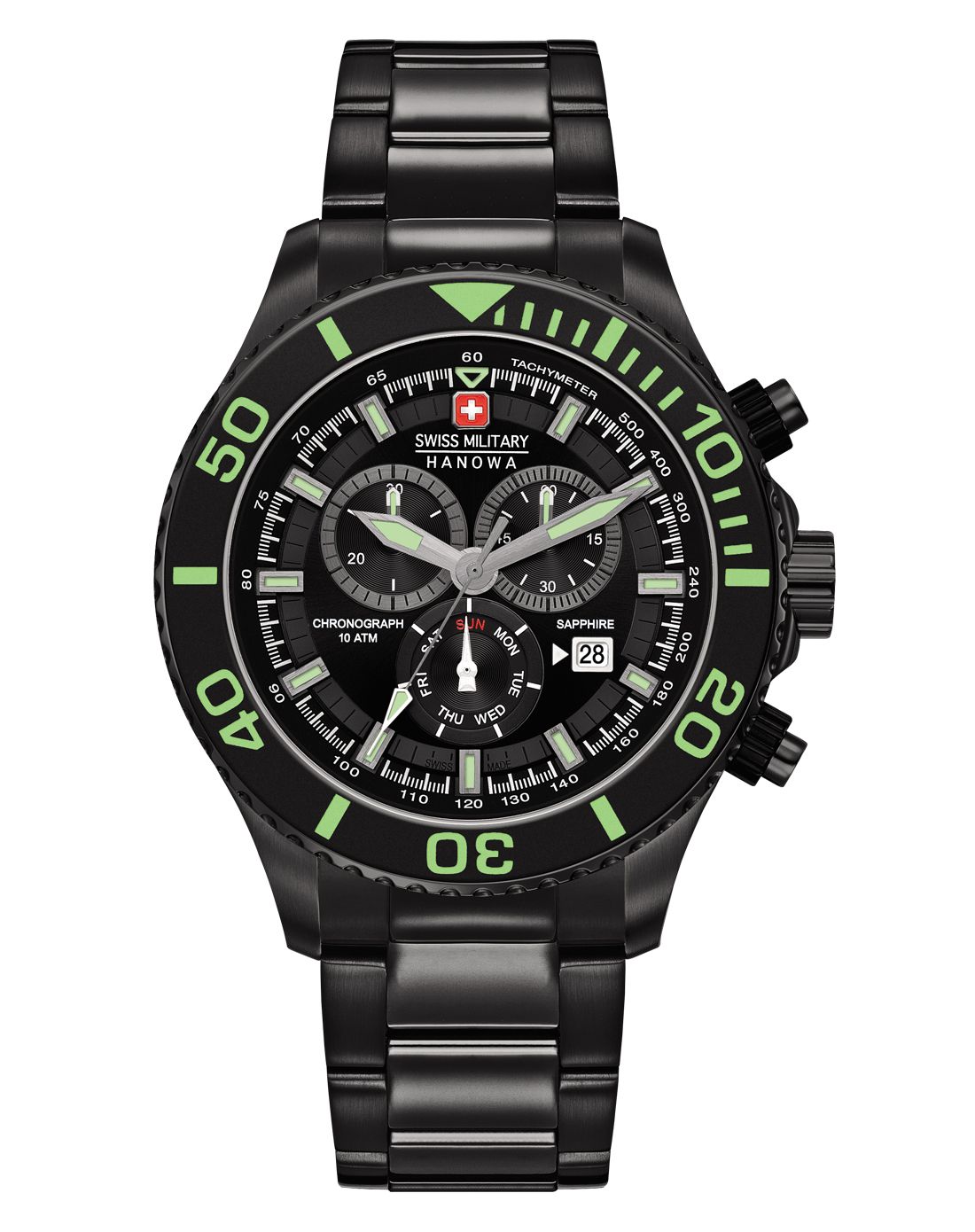 hanowa 黑钢色三眼计时夜光指针男士石英腕表