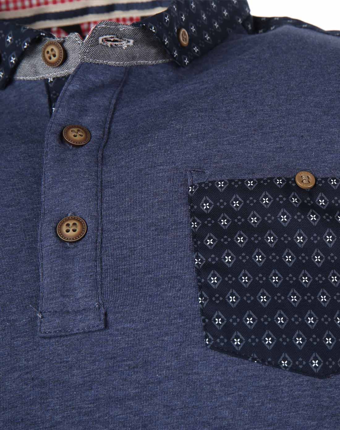 微领 男款墨蓝花灰色短袖t恤 舒适透气