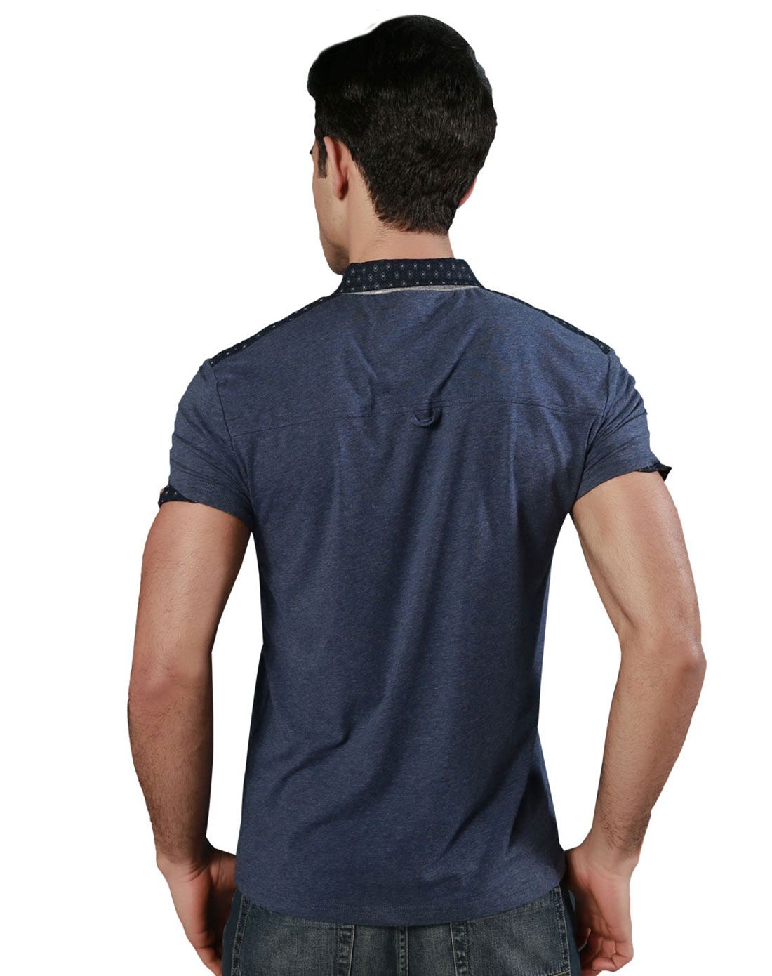 微领 男款墨蓝花灰色短袖t恤 舒适透气