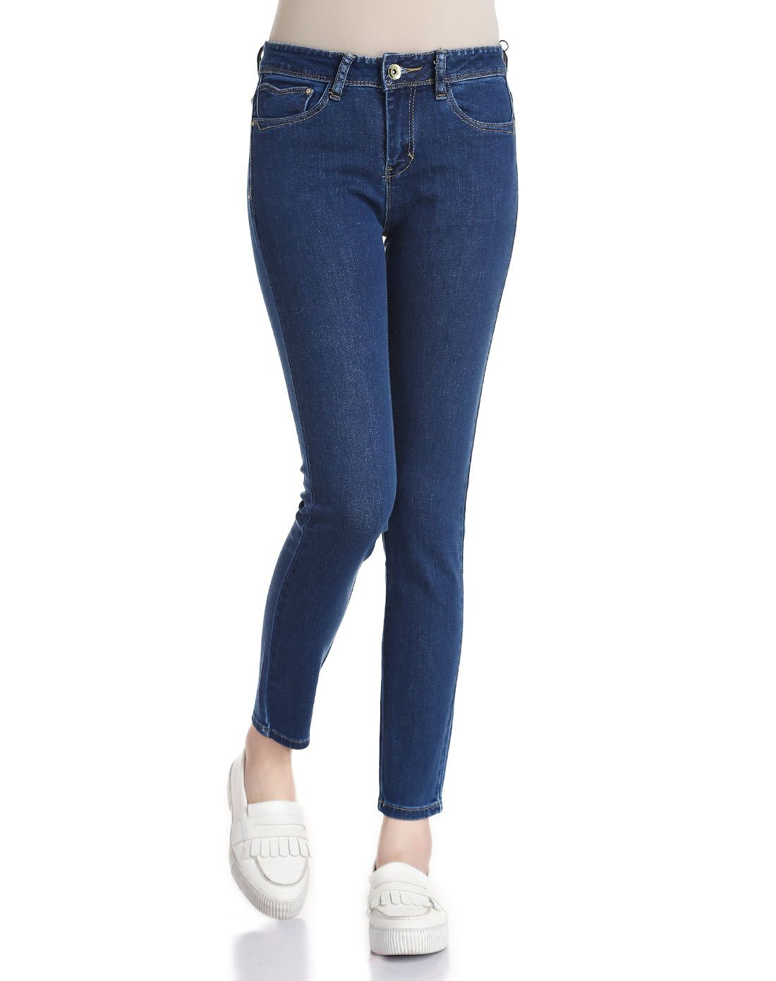 深湖蓝色百搭简洁中腰牛仔长裤