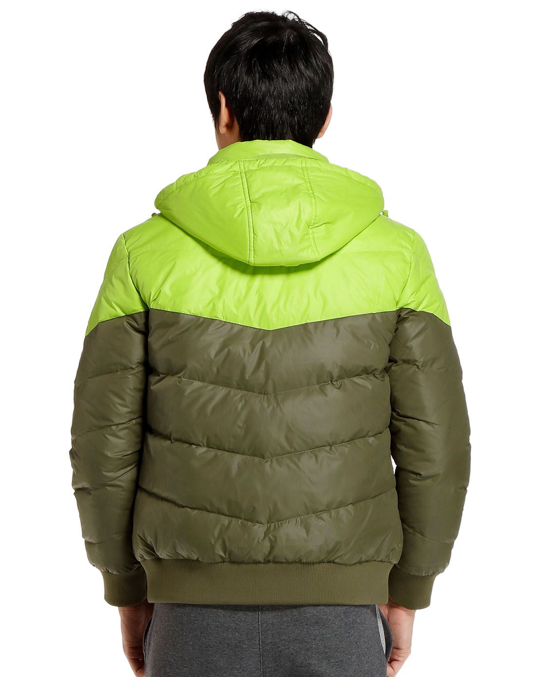 保暖舒适 男款深卡其绿色连帽长袖羽绒服