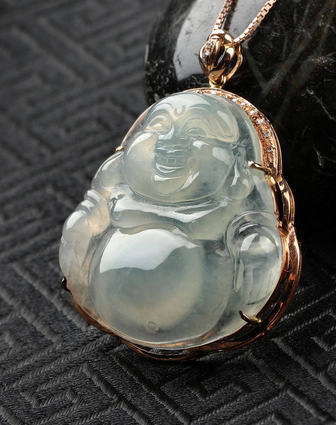 东方翡翠 冰种佛公佛保平安18k金钻石镶天然翡翠吊坠