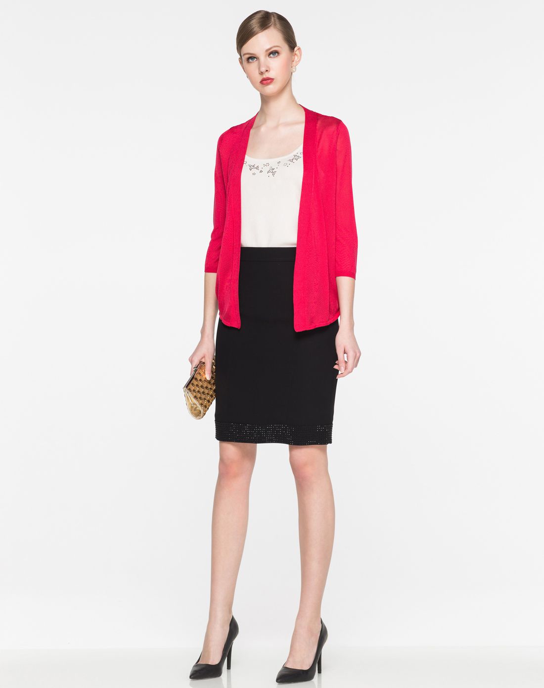 路逸沙·美louisa m女装专场 玫红色时尚百搭七分袖针织开衫