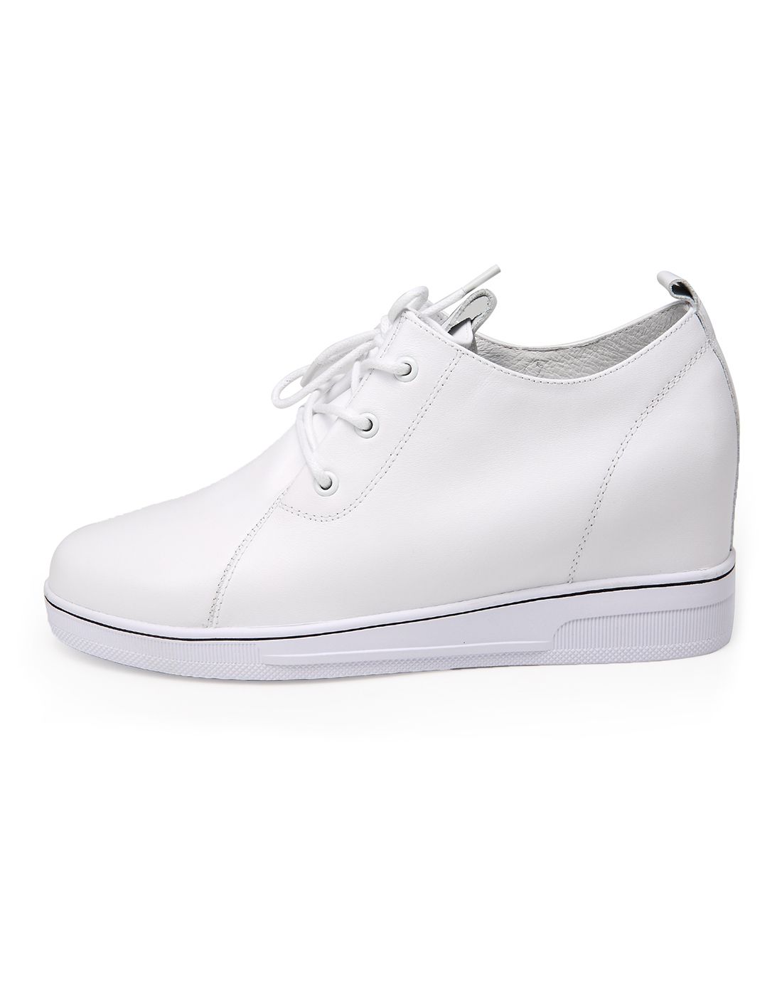 白色牛皮鞋面内折设计绑带素面内增高休闲板鞋