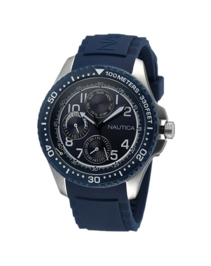 诺帝卡nautica男款藏蓝色硅胶表带藏蓝盘三眼多功能计时手表a13686g