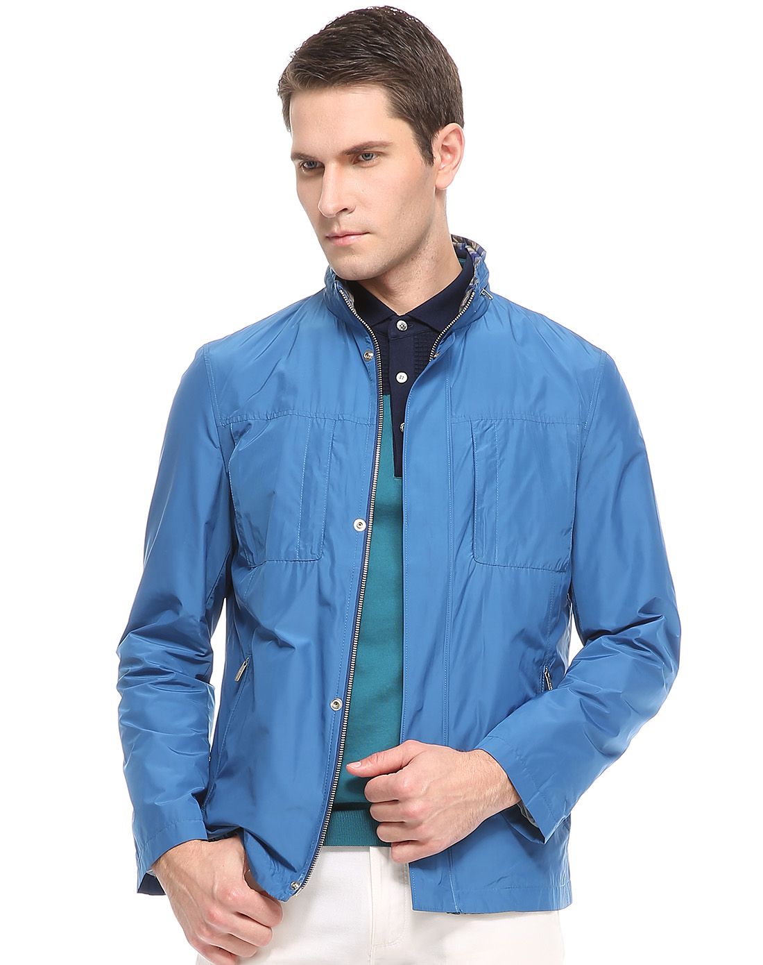 湖蓝色拉链立领运动薄夹克