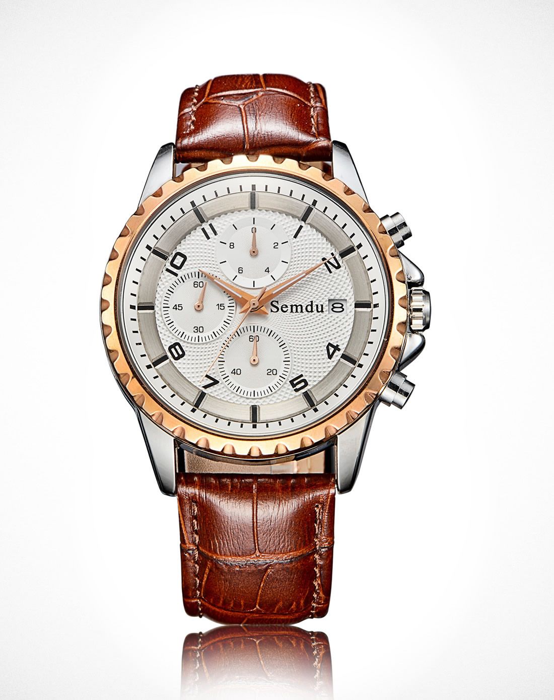 绅度semdu运动时尚六针带日历牛皮带白面石英男腕表sd9142gvrs_唯品会