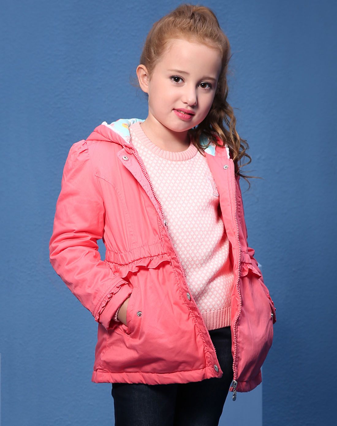 女童西瓜粉童带帽棉衣