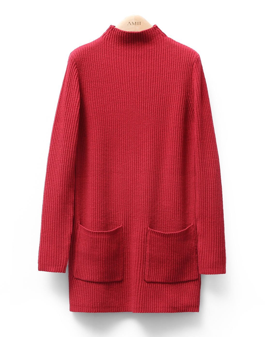石榴红简洁百搭小高领口袋纯色毛衣