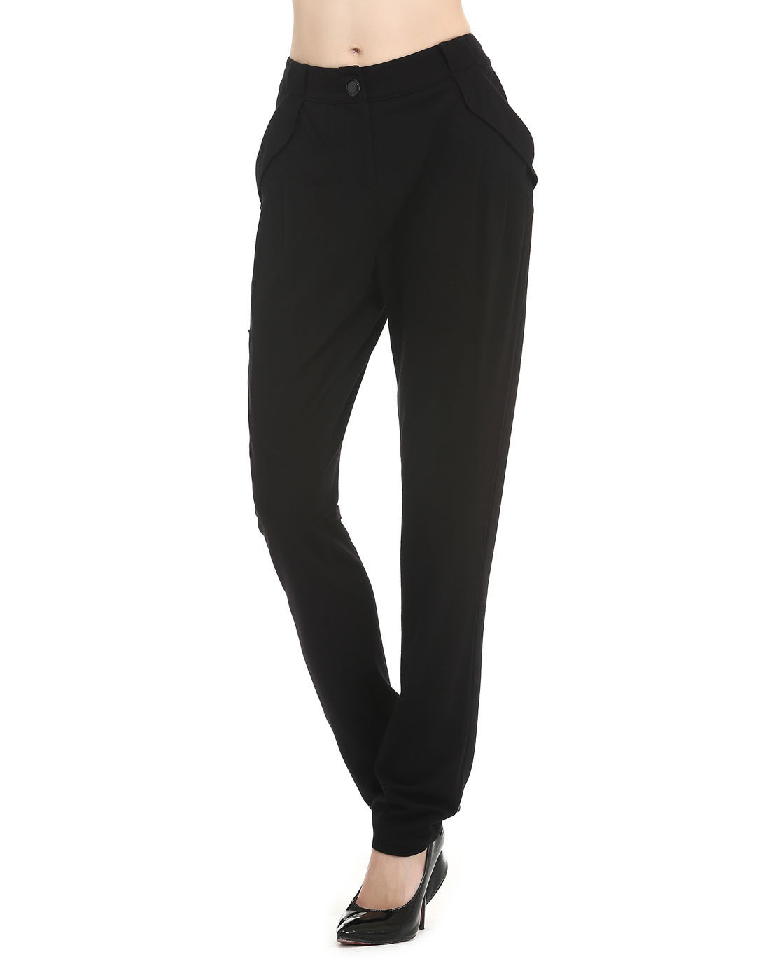 黑色羊毛时尚口袋宽松休闲长裤黑