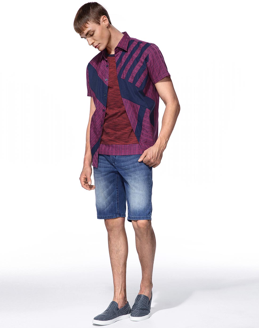 品牌钜献-卡宾cabbeen男装专场 斜格纹净色贴布短袖衬衫