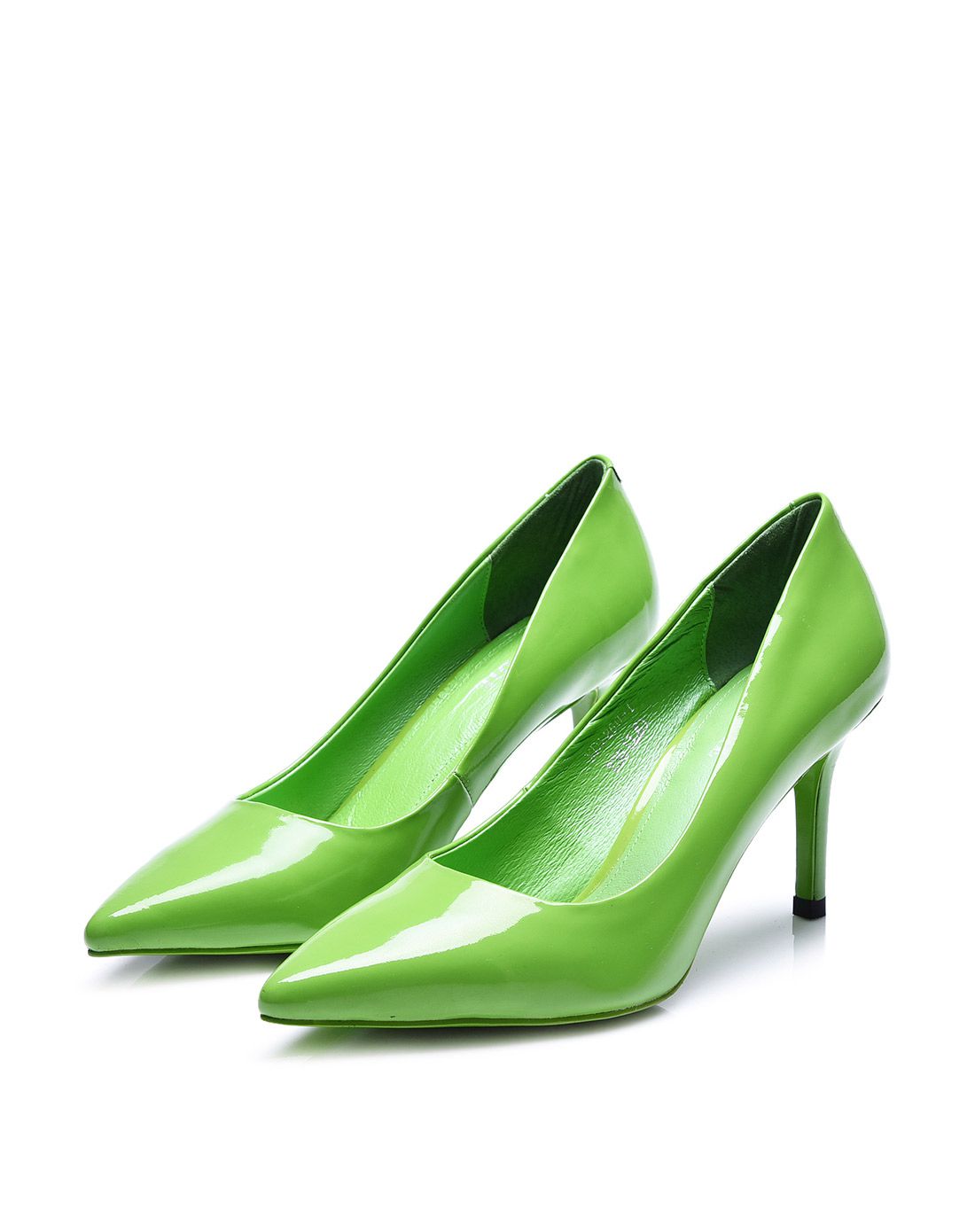 绿色牛漆皮尖头细跟单鞋