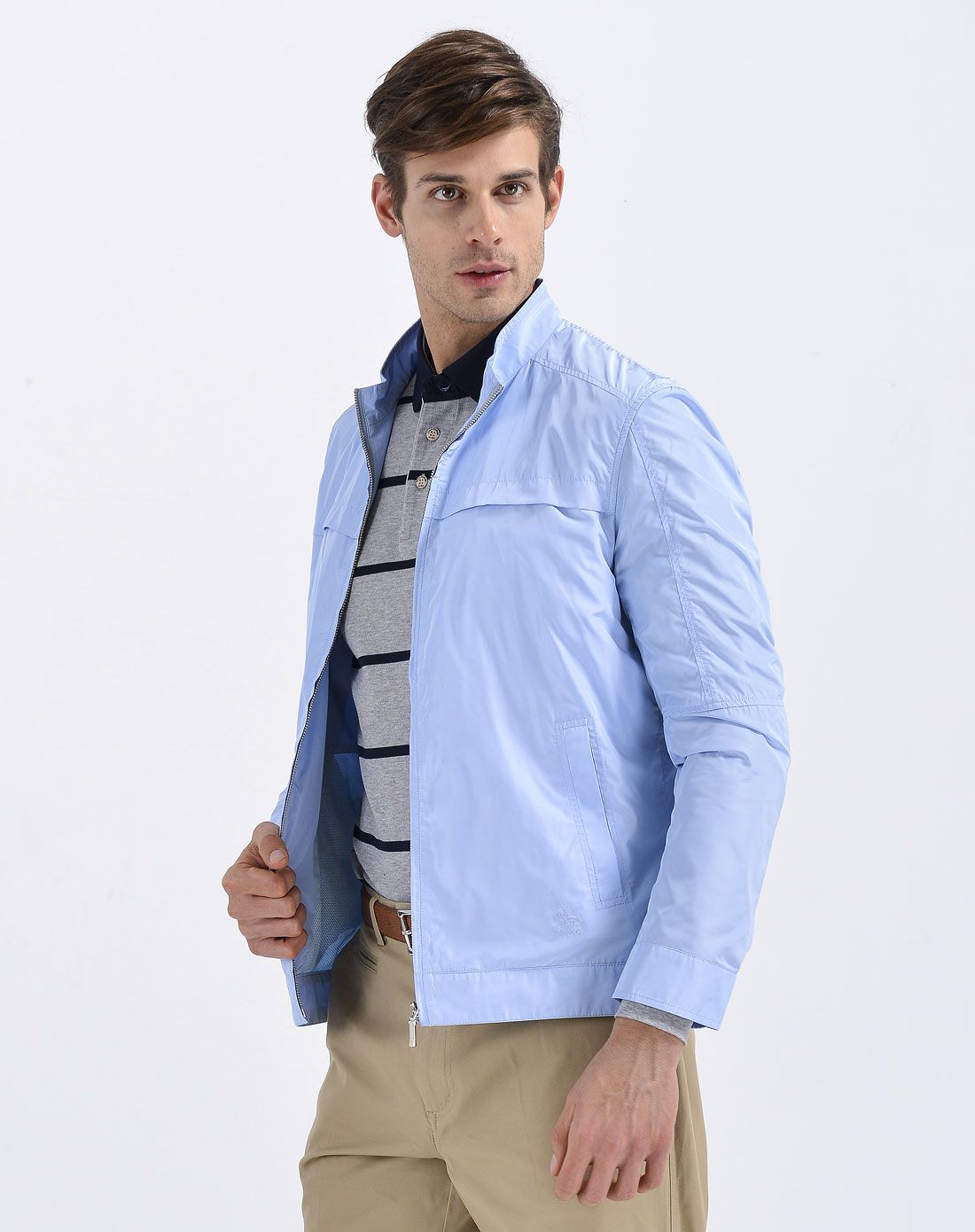男款浅蓝色修身立领薄型单夹克