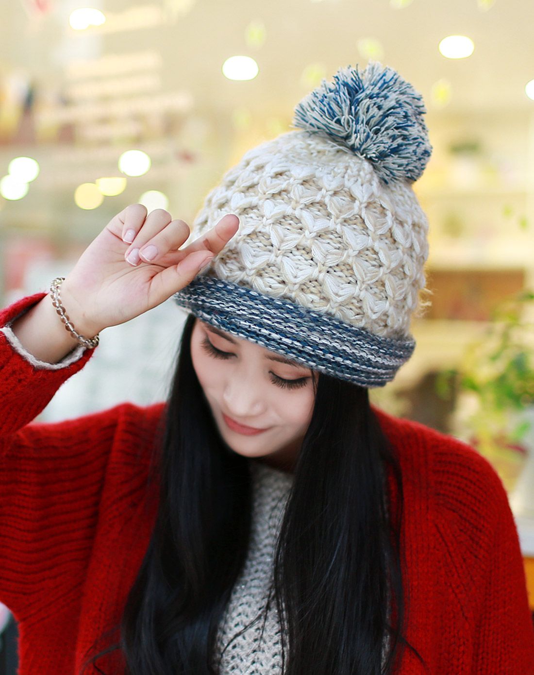 手工编织拼色带球针织帽(多色可选)