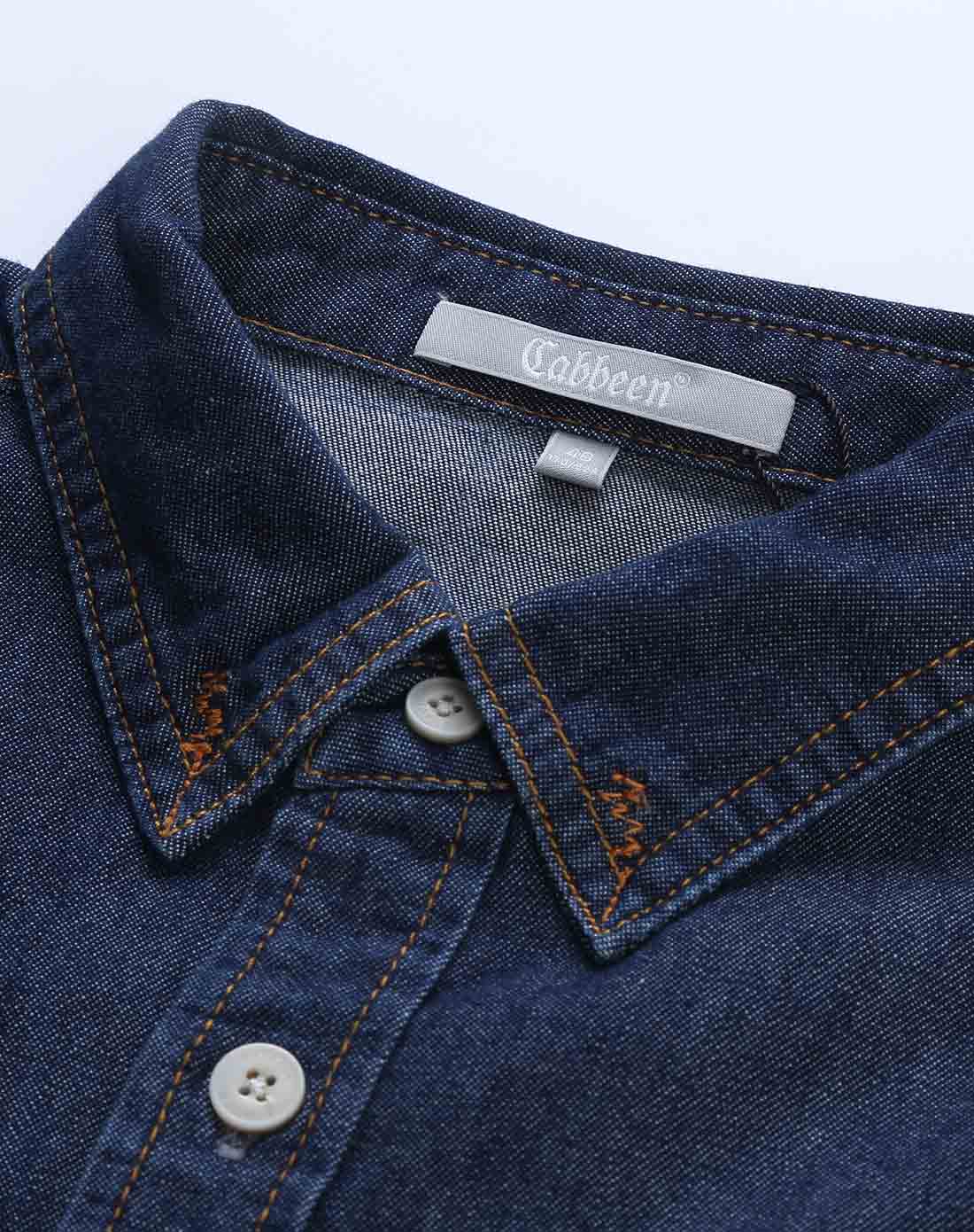 卡宾cabbeen lifestyle深蓝色印花磨破牛仔长袖衬衫315111800137_唯品