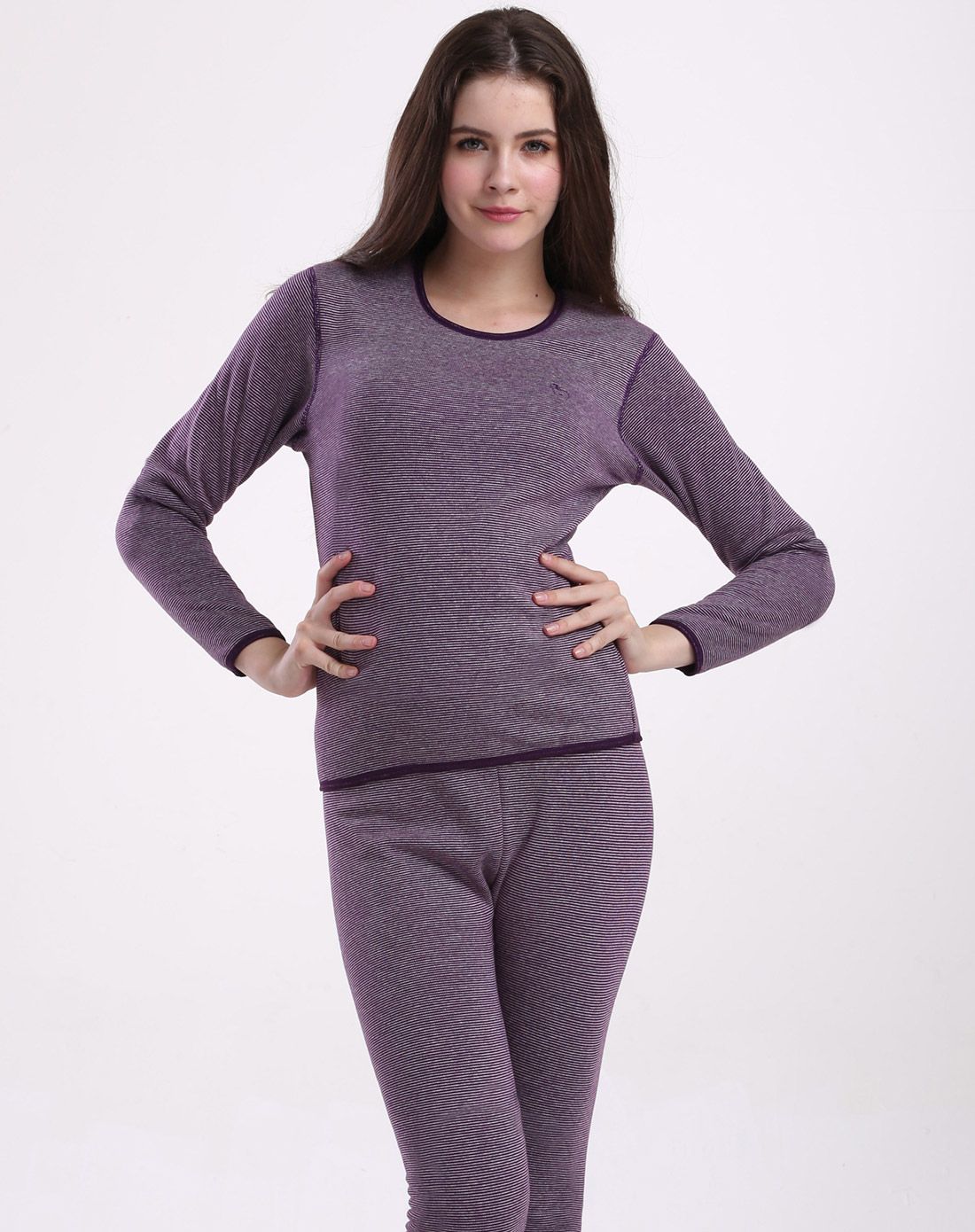 女款紫罗兰条纹加绒保暖内衣套装